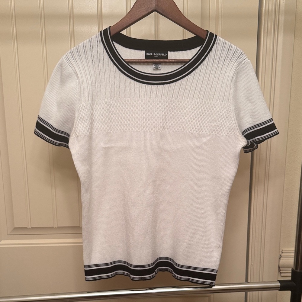 Karl Lagerfeld Women’s Short Sleeve Sweater White & Navy Blue- Sz Large